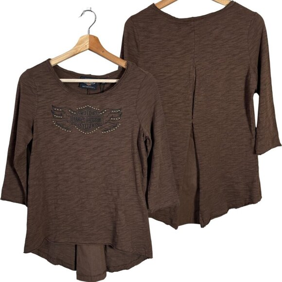 Harley-Davidson Tops - Harley-Davidson Studded Logo Split Back Knit Top Womens XS Brown Biker Retro NWT
